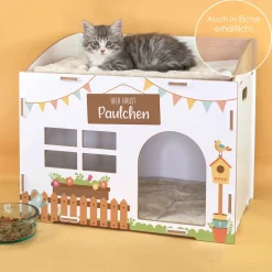 Personalisierbares clipfritz Katzenhaus aus Holz mit Fenster & Kissen | Geschenk für Katzen