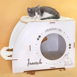 Personalisierbares clipfritz Katzenhaus mit Futterstation | Holz Haus mit Name für Katzen