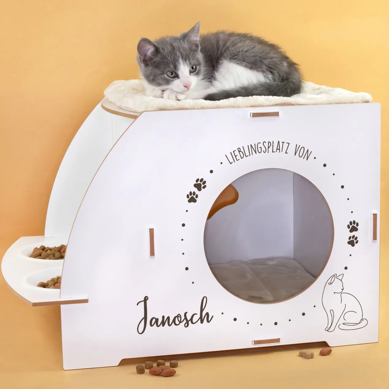 Personalisierbares clipfritz Katzenhaus mit Futterstation | Holz Haus mit Name für Katzen