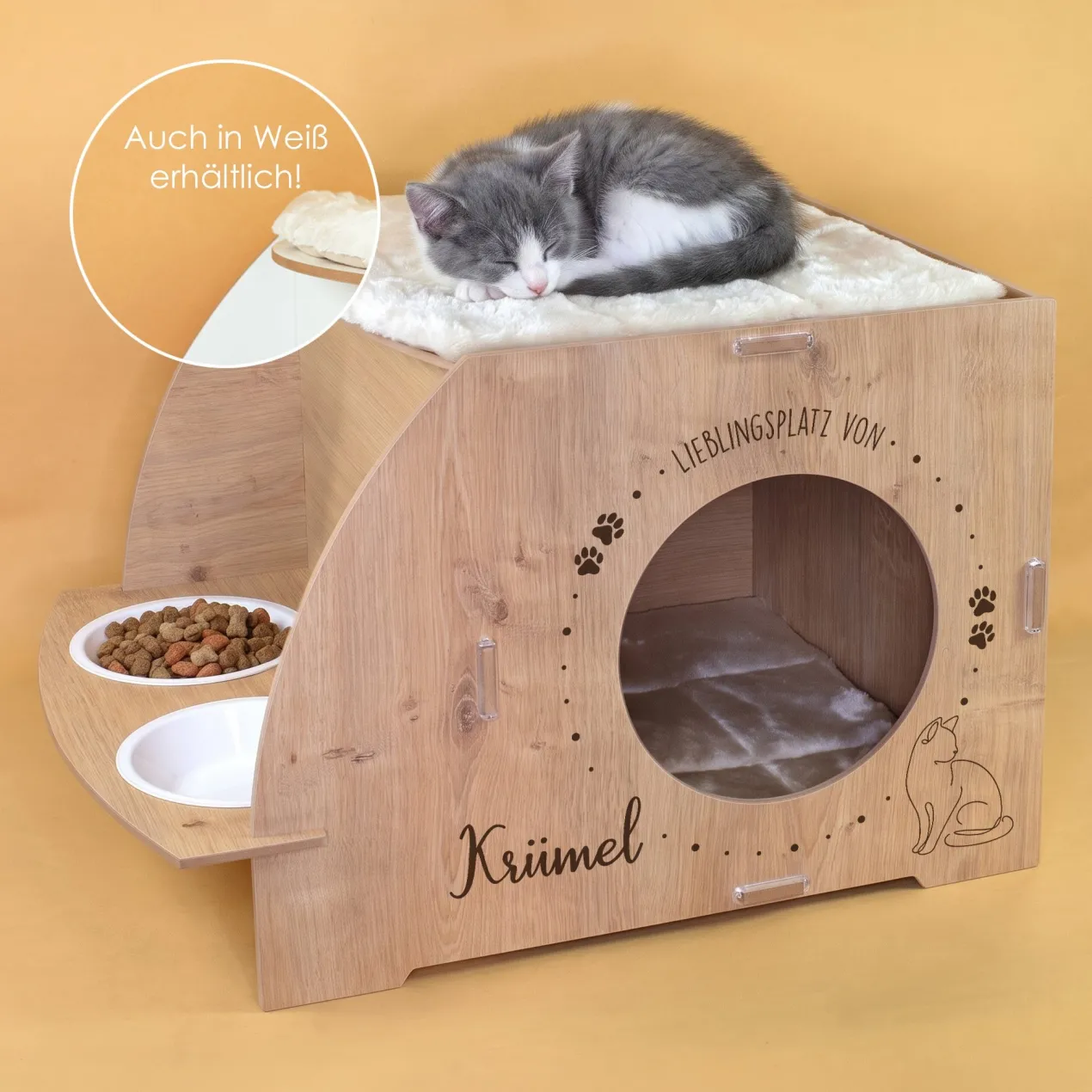 Personalisierbares clipfritz Katzenhaus mit Futterstation | Holz Haus mit Name für Katzen