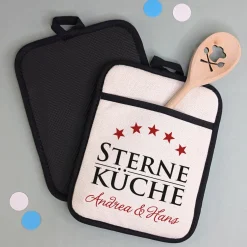 Personalisierbares 2er Set Topflappen mit Grifftasche & Silikonrückseite | Sterne Küche