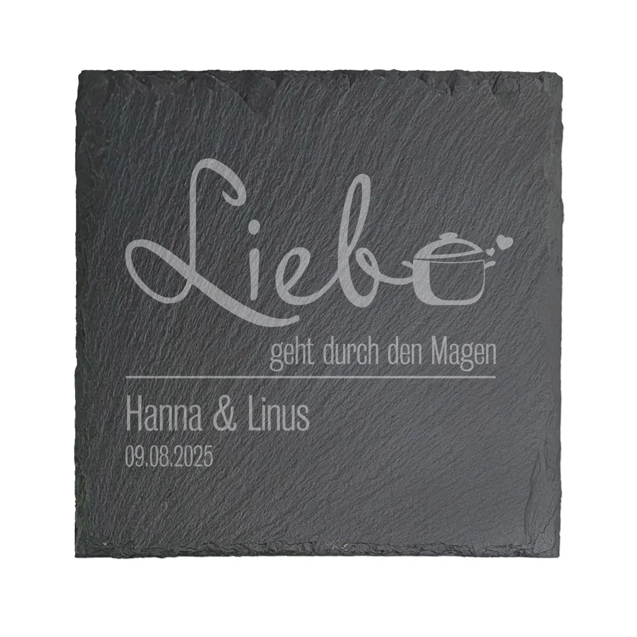 Personalisierbare Servierplatte aus Schiefer mit Namen & Datum | Liebe geht durch den Magen | 20x20 cm