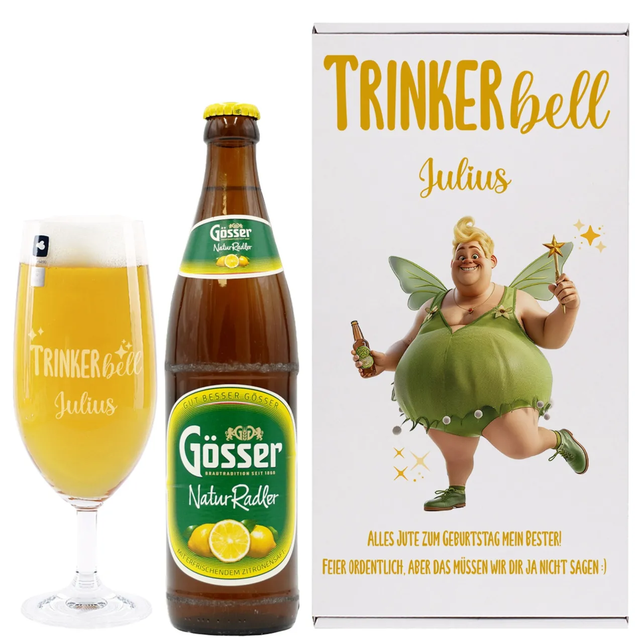 Personalisierbares Geschenkset 'Trinkerbell' mit Bier, Glas & Geschenkbox | 3 Biersorten
