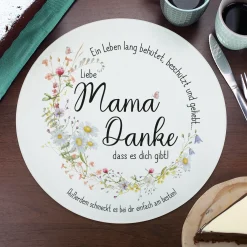 Personalisierbares Glasbrettchen „Mama, Danke!“ mit Wiesenblumen & Spruchkreis