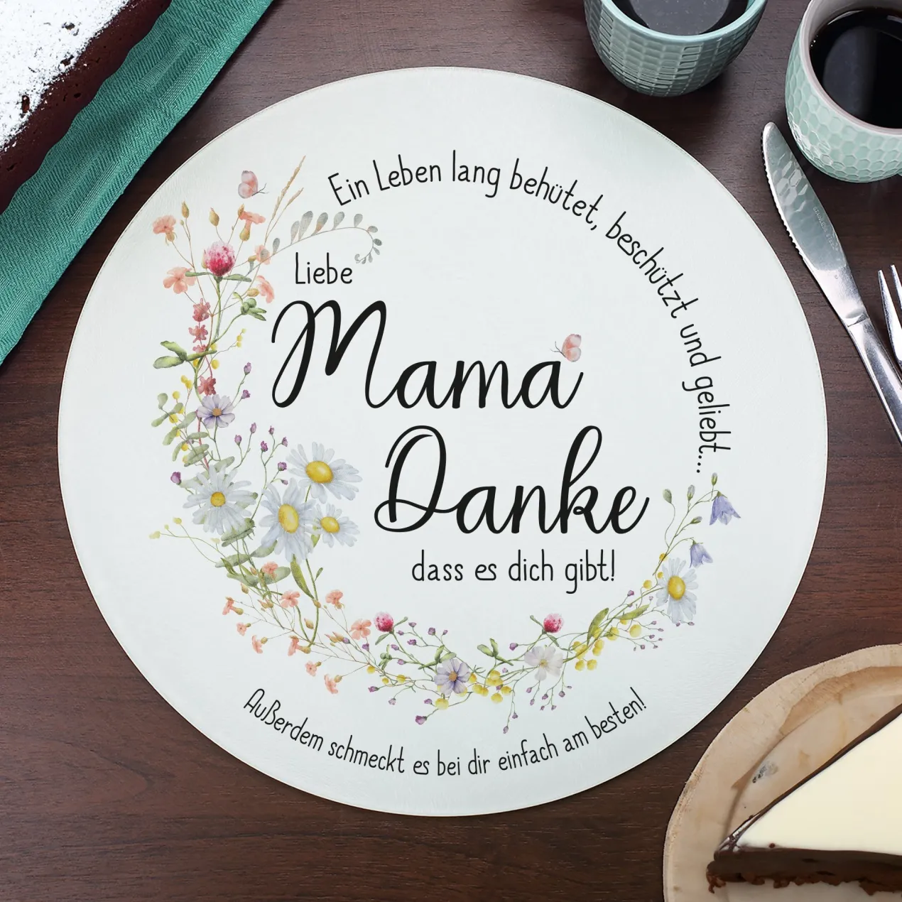 Personalisierbares Glasbrettchen „Mama, Danke!“ mit Wiesenblumen & Spruchkreis