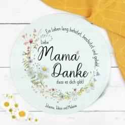 Personalisierbares Glasbrettchen „Mama, Danke!“ mit Wiesenblumen & Spruchkreis