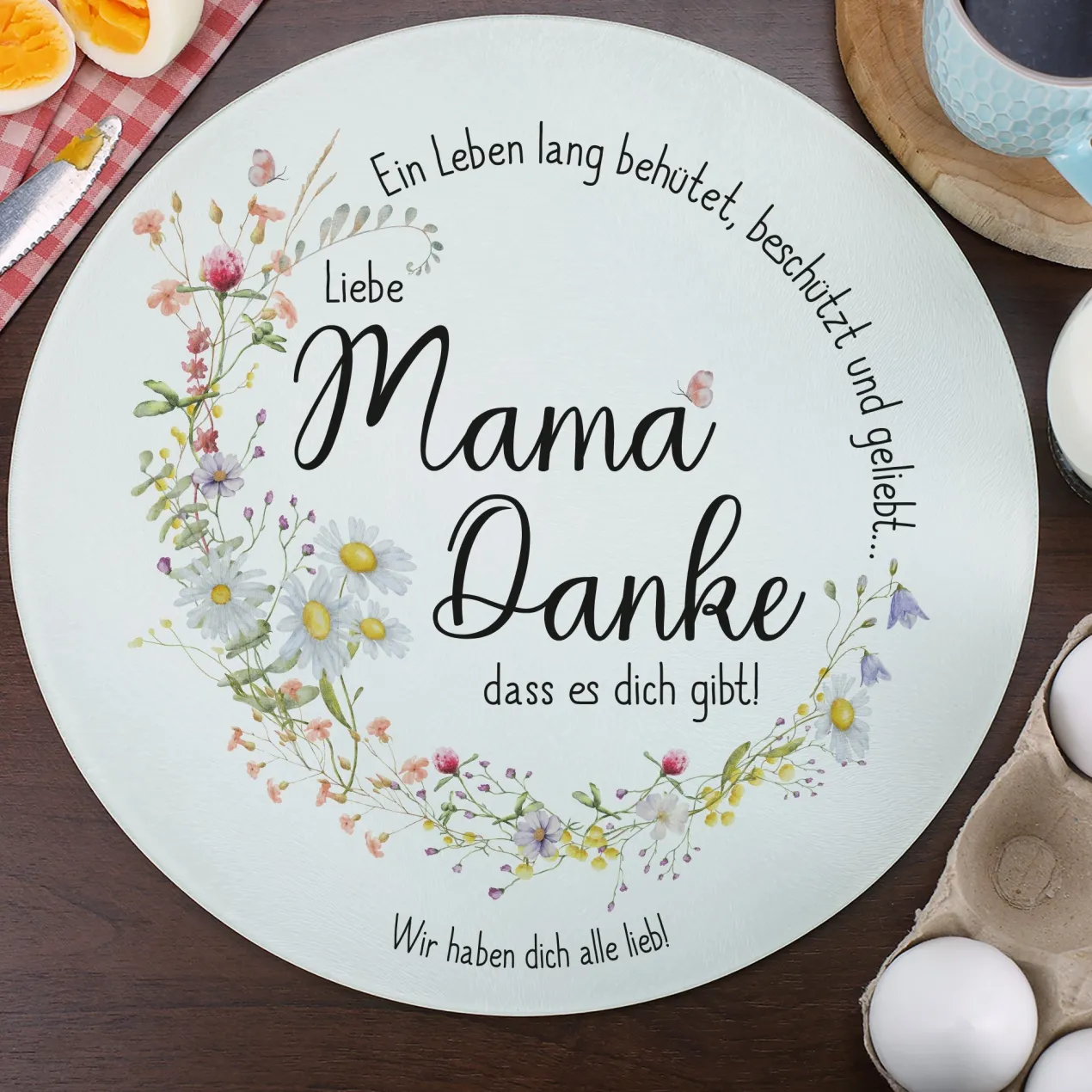 Personalisierbares Glasbrettchen „Mama, Danke!“ mit Wiesenblumen & Spruchkreis