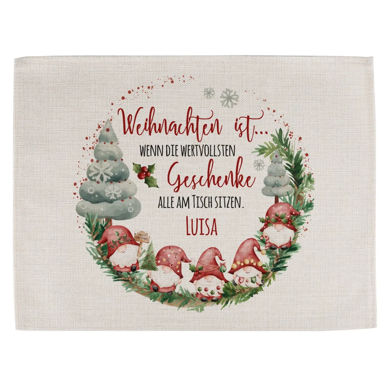Personalisierbares Platzdeckchen mit Wichtelmotiv zu Weihnachten in Jute oder Filz | Tischdeko