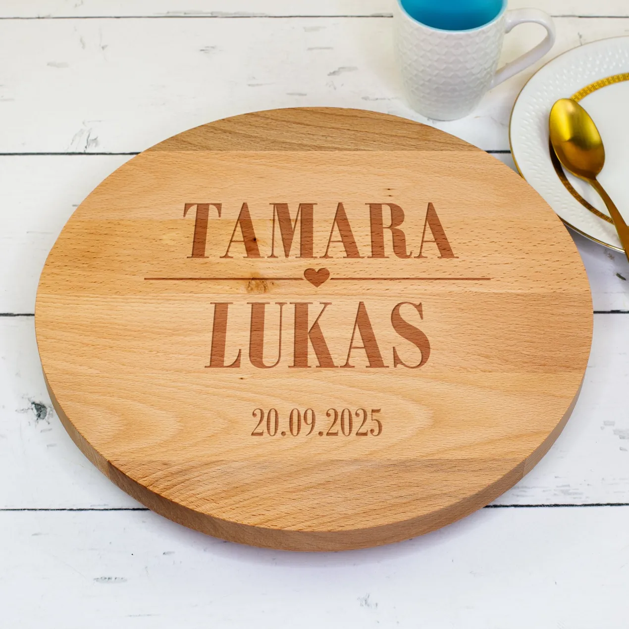 Personalisierbare Tortenplatte drehbar aus Holz mit Gravur | 30 cm | Servierplatte zur Hochzeit