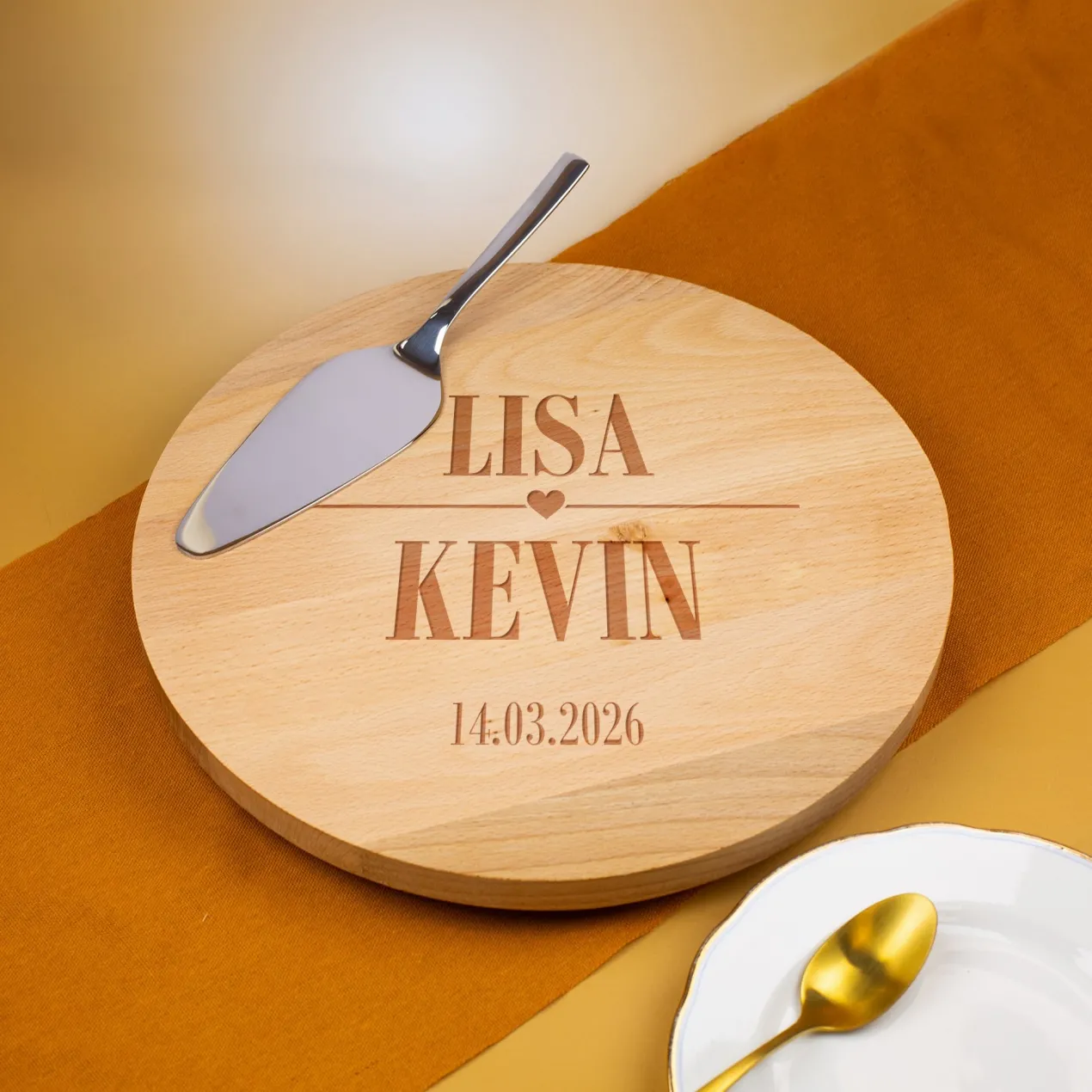 Personalisierbare Tortenplatte drehbar aus Holz mit Gravur | 30 cm | Servierplatte zur Hochzeit