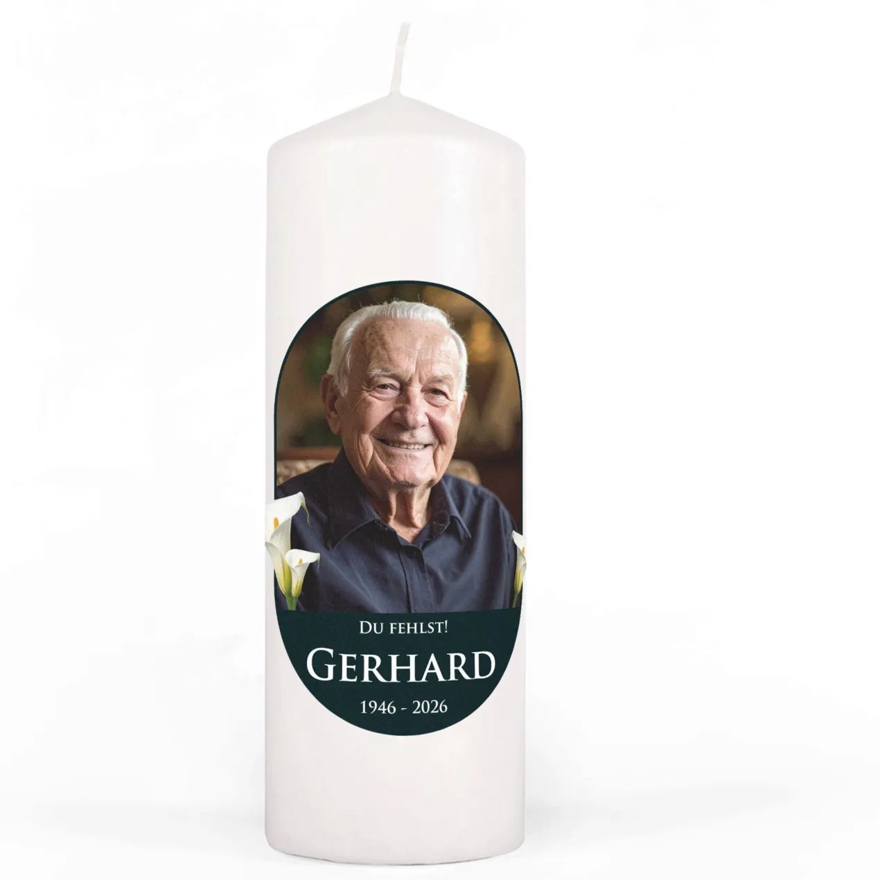 Personalisierbare Trauerkerze mit Foto, Name, Datum & Wunschtext | Calla-Motiv