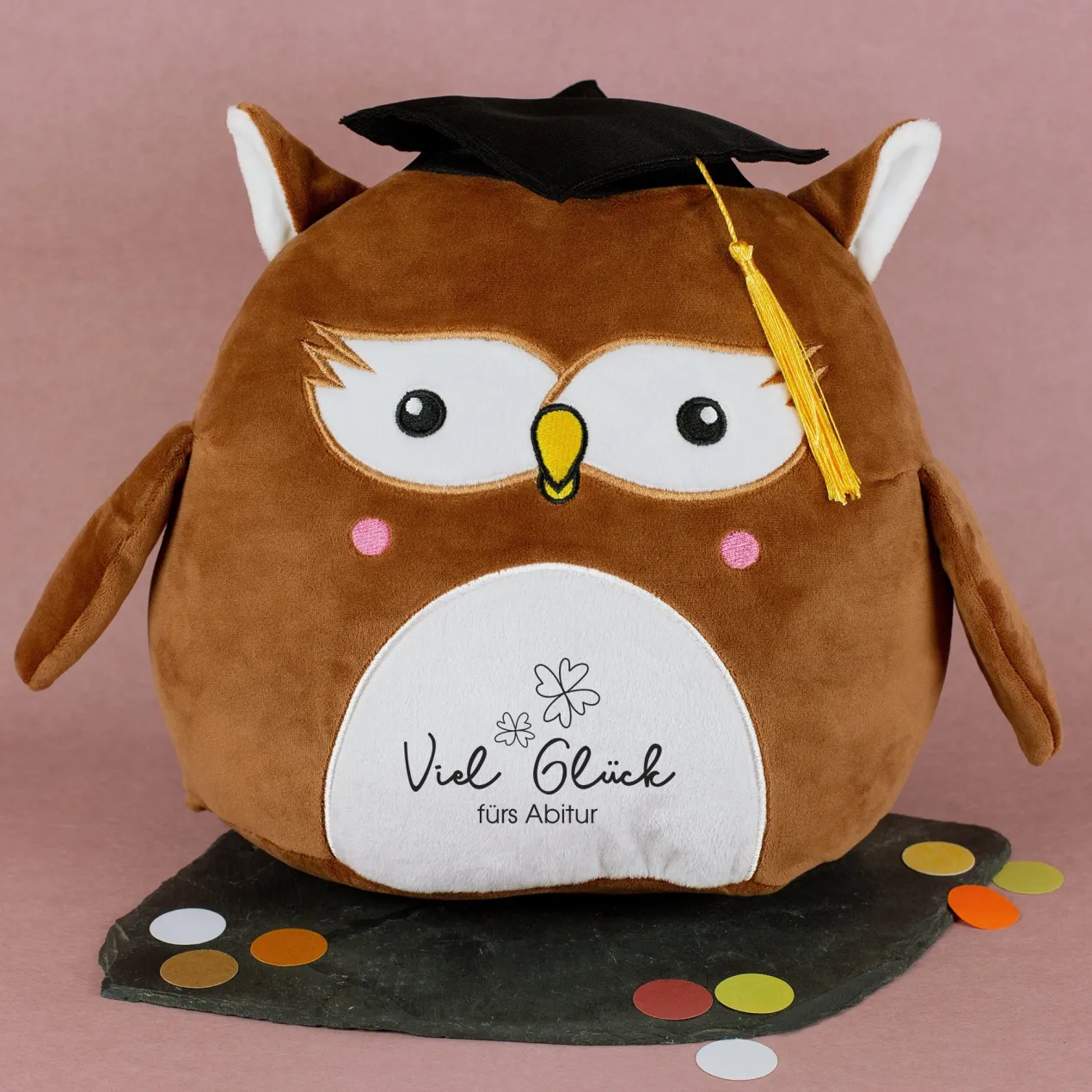 Personalisierte Abi-Eule 'Viel Glück' mit Wunschtext | Kuscheltier zum Schulabschluss & Abitur