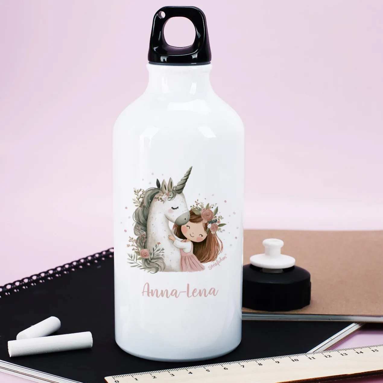 Personalisierte Aluminium-Trinkflasche im niedlichen Einhorn-Design mit Name bedruckt