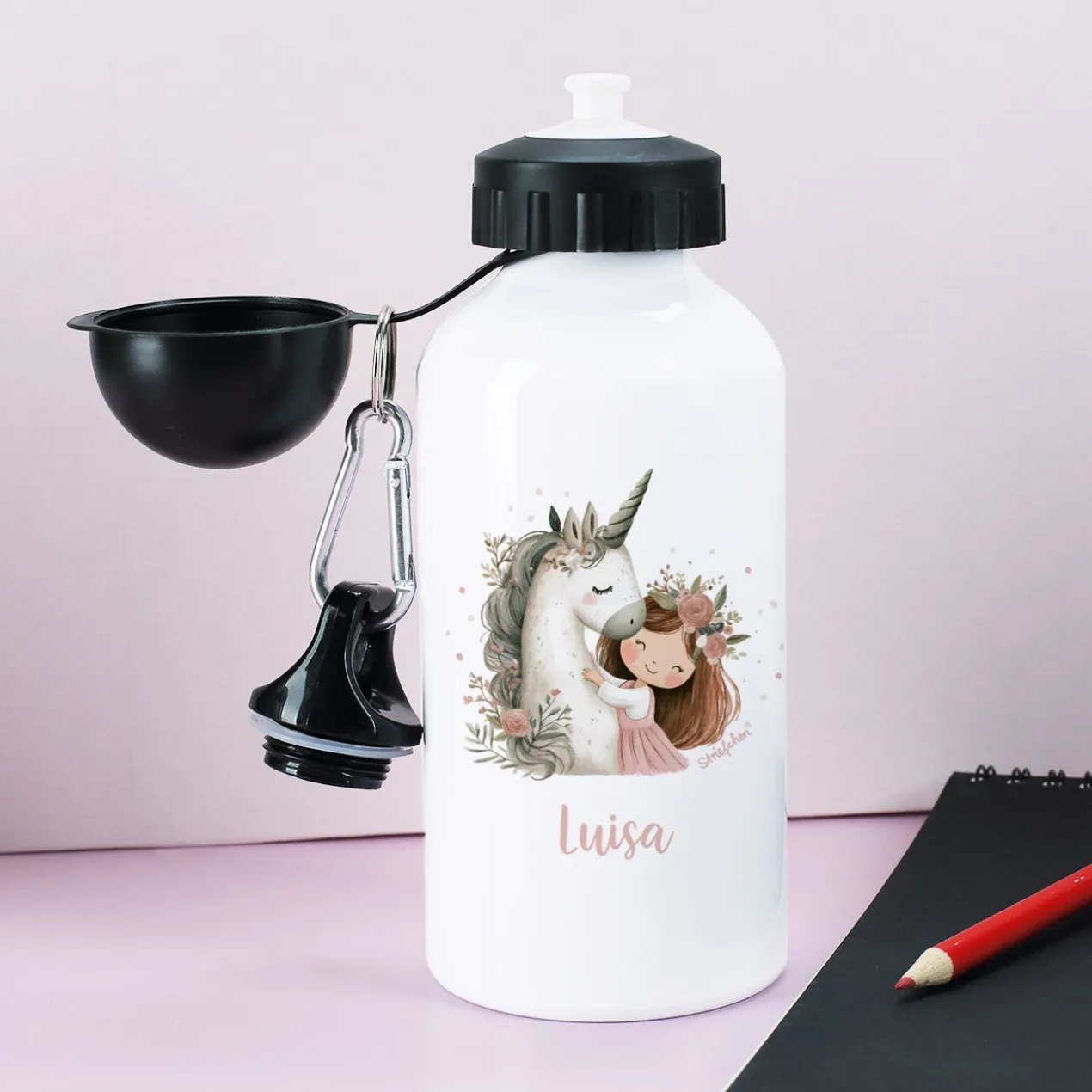 Personalisierte Aluminium-Trinkflasche im niedlichen Einhorn-Design mit Name bedruckt