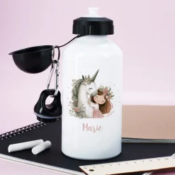 Personalisierte Aluminium-Trinkflasche im niedlichen Einhorn-Design mit Name bedruckt