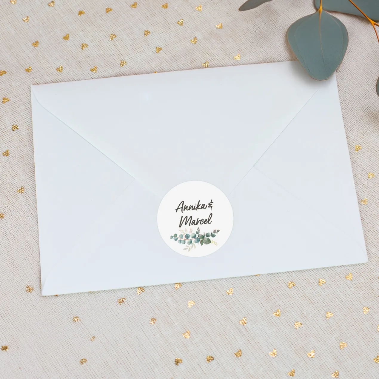Personalisierte Aufkleber für Hochzeit, Taufe oder Kommunion im 24er Set | Eukalyptus