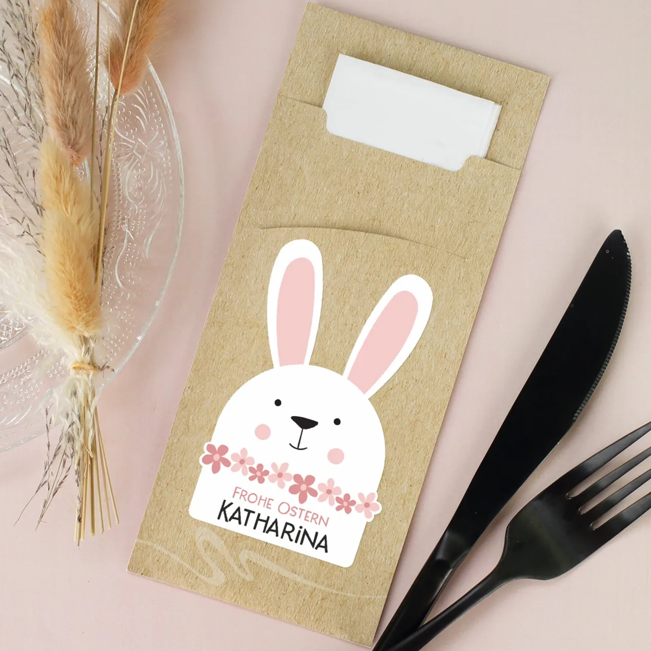 Personalisierte Bestecktasche zu Ostern mit Hasen-Motiv und Wunschtext inkl. Serviette | Tischdeko