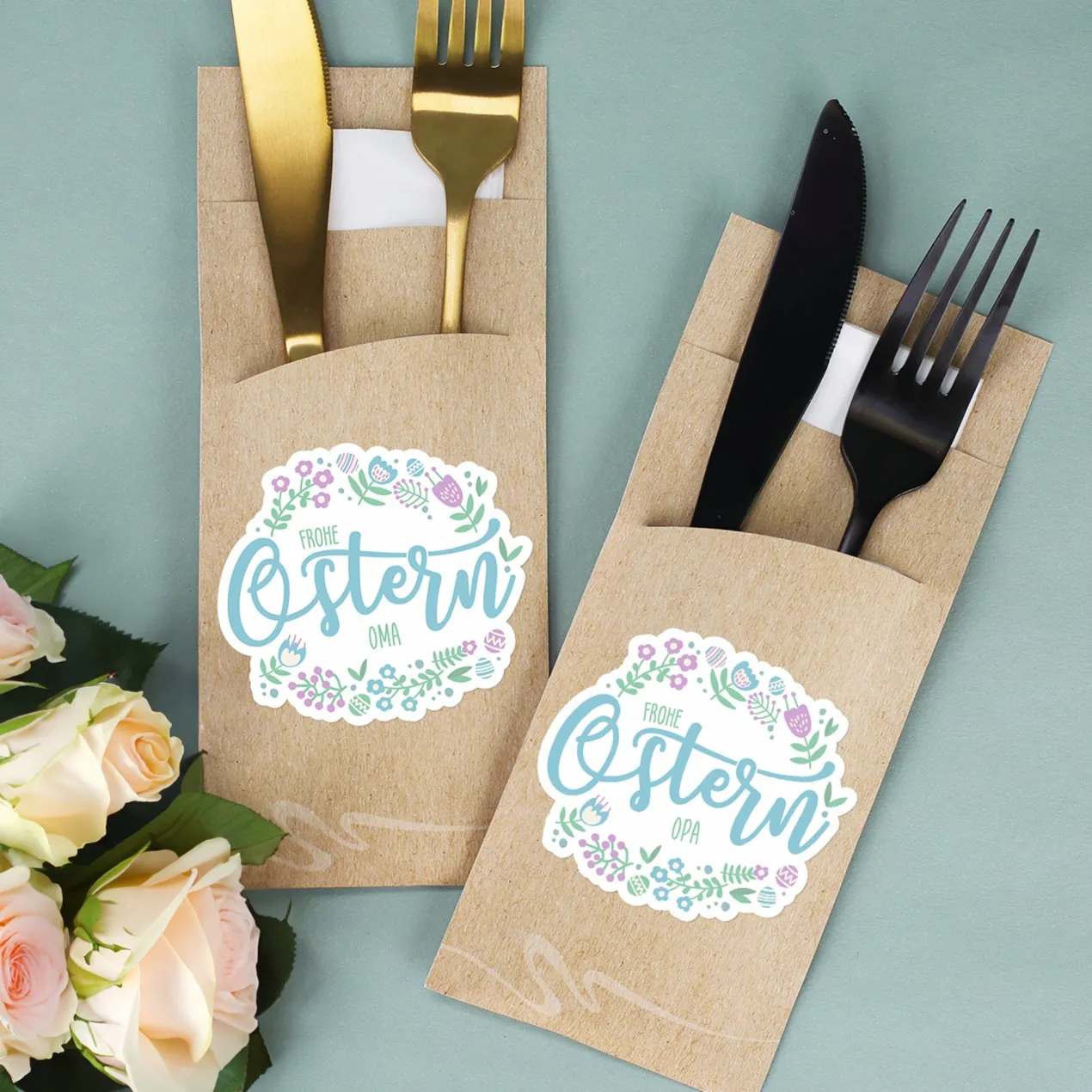 Personalisierte Bestecktasche mit 'Frohe Ostern' Motiv und Name | Tischdeko inkl. Serviette