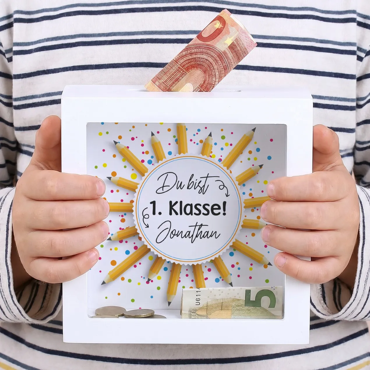Personalisierte Bilderrahmen Spardose mit Name als Geschenk zur Einschulung | Bleistifte