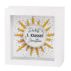 Personalisierte Bilderrahmen Spardose mit Name als Geschenk zur Einschulung | Bleistifte