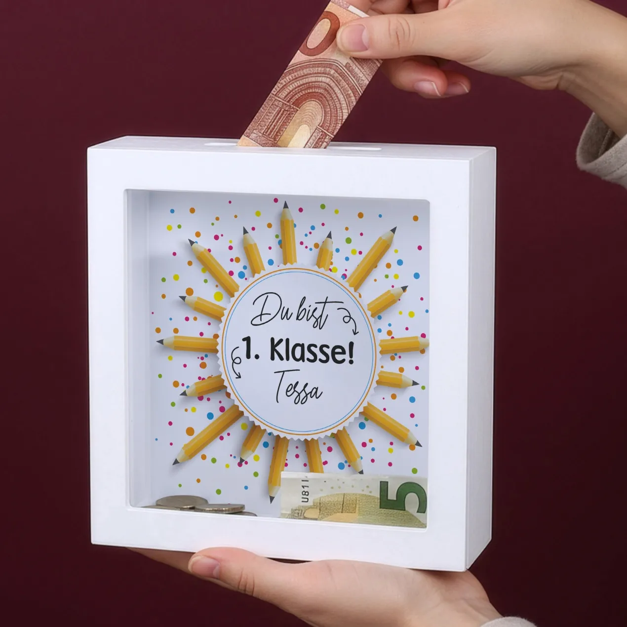 Personalisierte Bilderrahmen Spardose mit Name als Geschenk zur Einschulung | Bleistifte