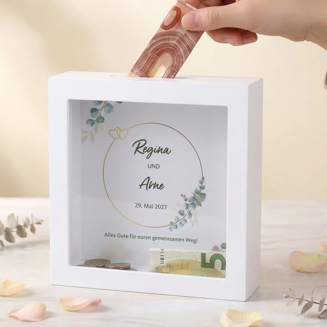 Personalisierte Bilderrahmen Spardose als Geldgeschenk zur Hochzeit | Eukalyptus