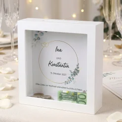 Personalisierte Bilderrahmen Spardose als Geldgeschenk zur Hochzeit | Eukalyptus
