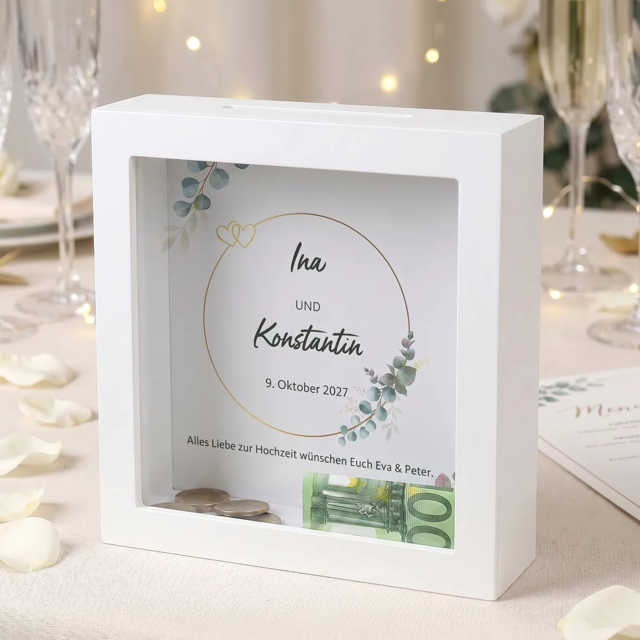 Personalisierte Bilderrahmen Spardose als Geldgeschenk zur Hochzeit | Eukalyptus