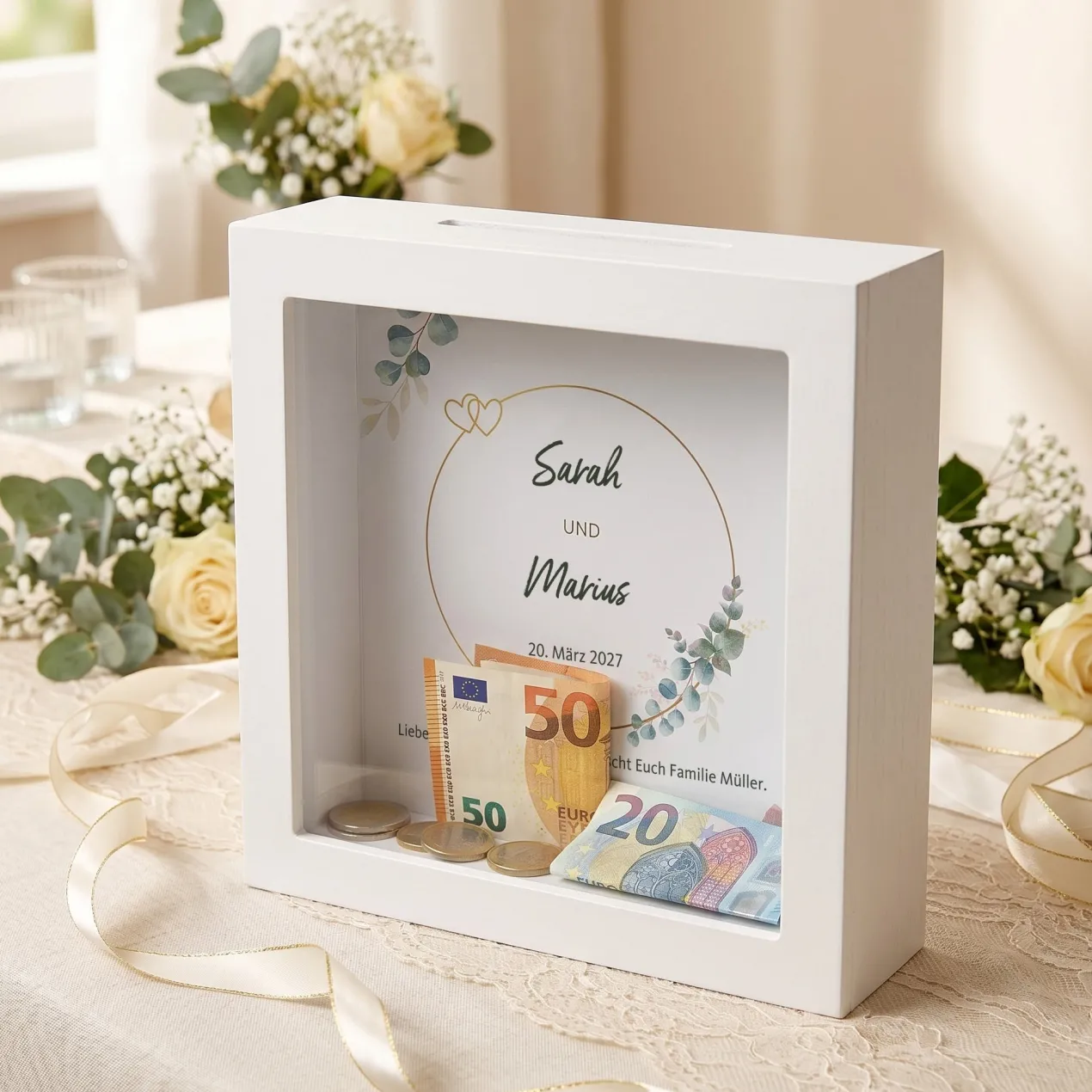 Personalisierte Bilderrahmen Spardose als Geldgeschenk zur Hochzeit | Eukalyptus