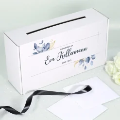 Personalisierte Briefbox für Trauerfeiern | Kondolenzbox mit Blattmotiv