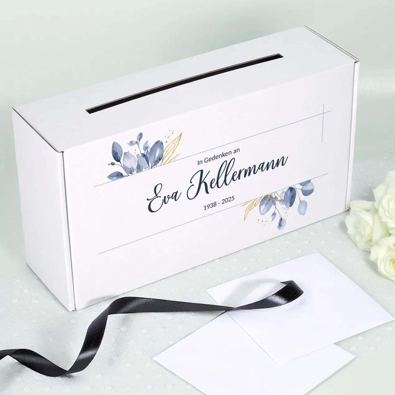 Personalisierte Briefbox für Trauerfeiern | Kondolenzbox mit Blattmotiv