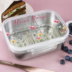 Personalisierte Brotdose mit sommerlichen Wildblumen-Motiv und Wunschtext