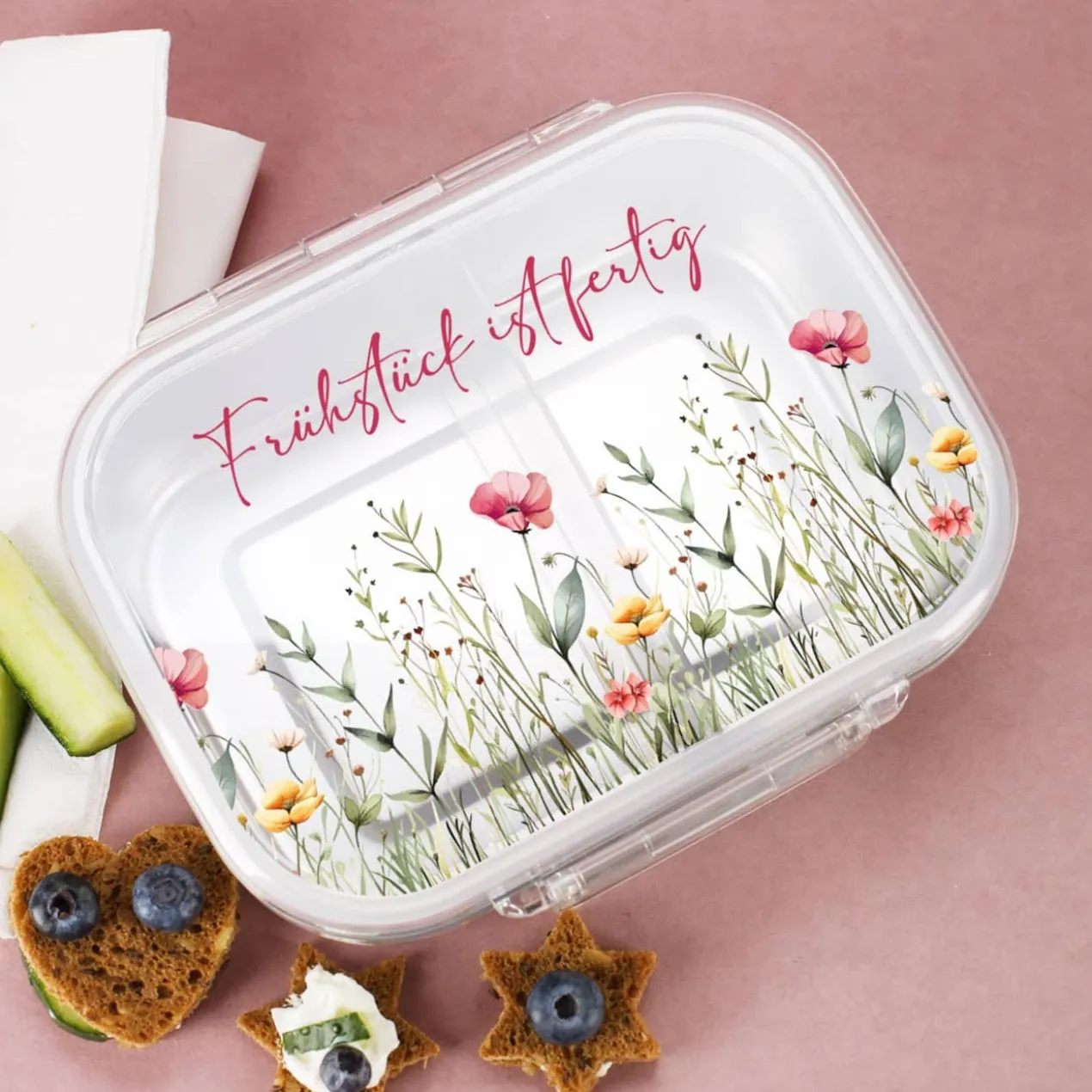 Personalisierte Brotdose mit sommerlichen Wildblumen-Motiv und Wunschtext
