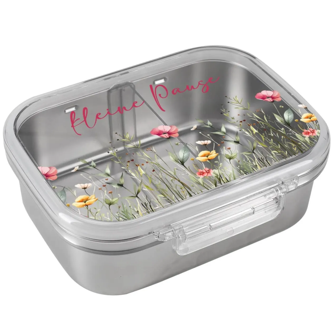 Personalisierte Brotdose mit sommerlichen Wildblumen-Motiv und Wunschtext