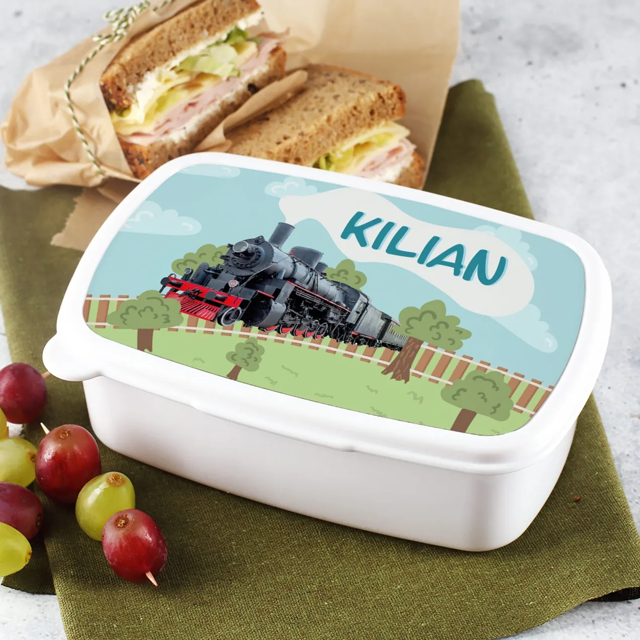 Personalisierte Brotdose mit Retro-Dampflok für kleine Eisenbahn-Fans | weiß
