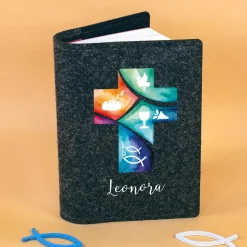 Personalisierte Buchhülle für Gotteslob & Gesangbuch mit Watercolor Kreuz | Anthrazit oder Orange