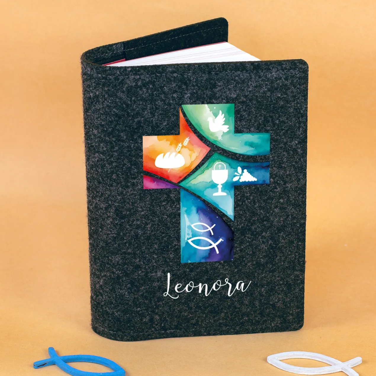 Personalisierte Buchhülle für Gotteslob & Gesangbuch mit Watercolor Kreuz | Anthrazit oder Orange