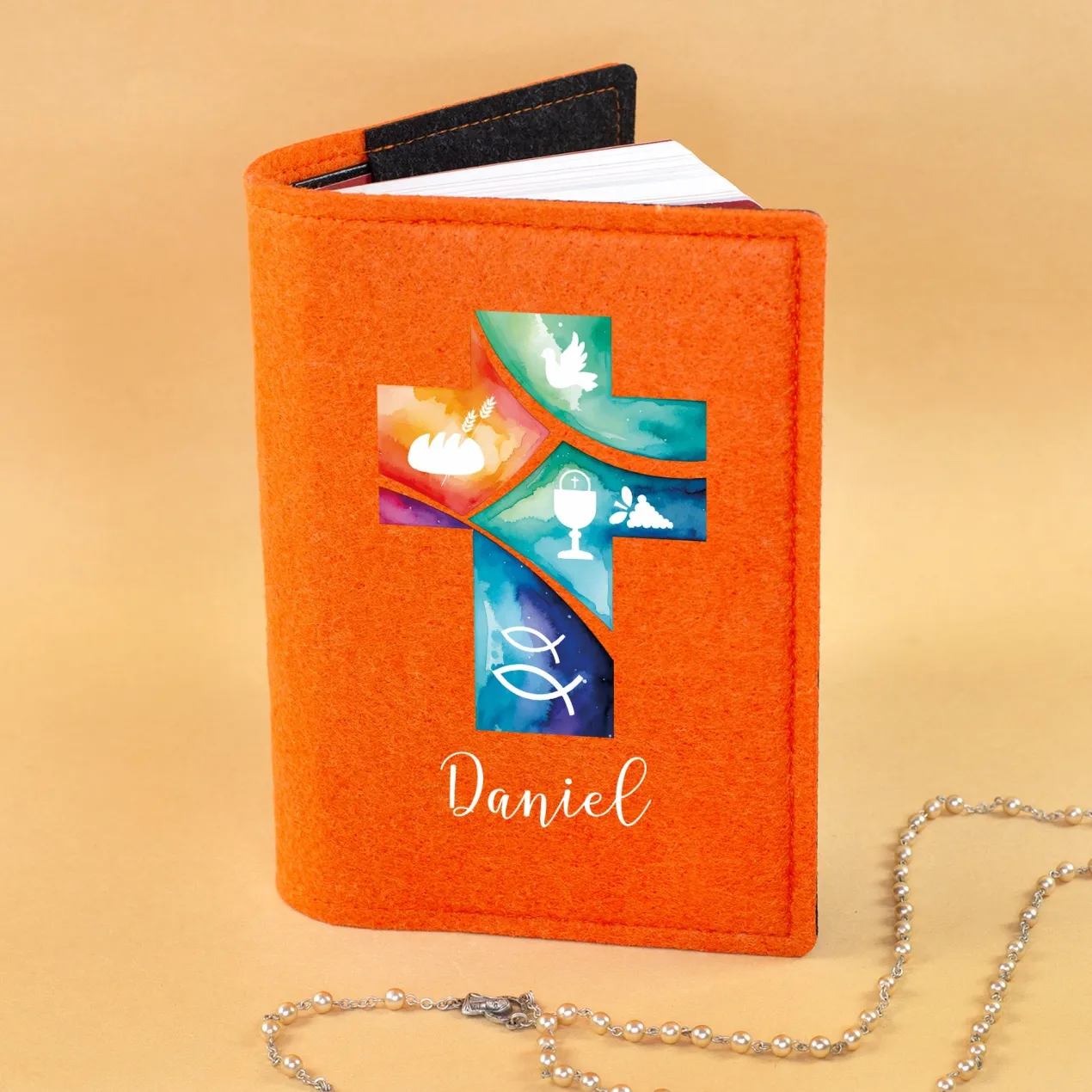 Personalisierte Buchhülle für Gotteslob & Gesangbuch mit Watercolor Kreuz | Anthrazit oder Orange