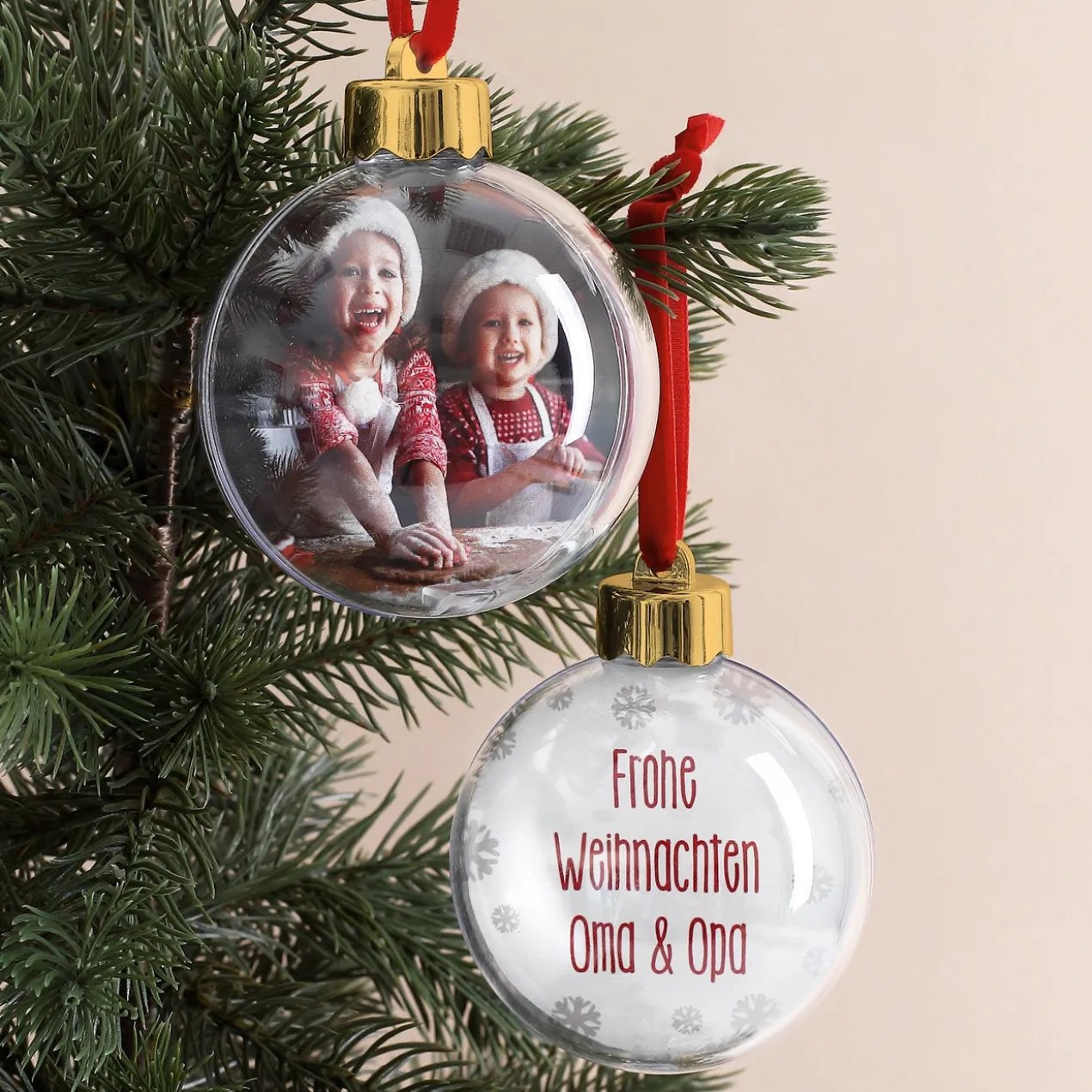 personalisierte Christbaum-Kugel mit Foto und Wunschtext