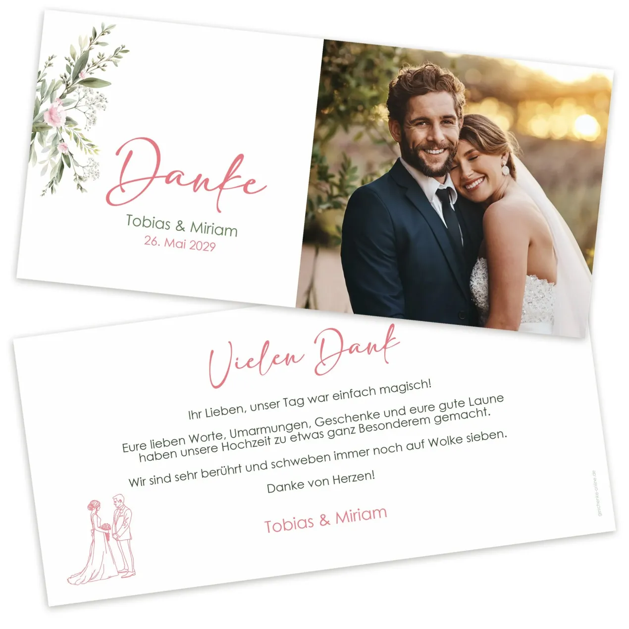 Personalisierte Dankeskarte zur Hochzeit mit Foto & Wunschtext | Blumenmotive DIN lang mit Umschlag