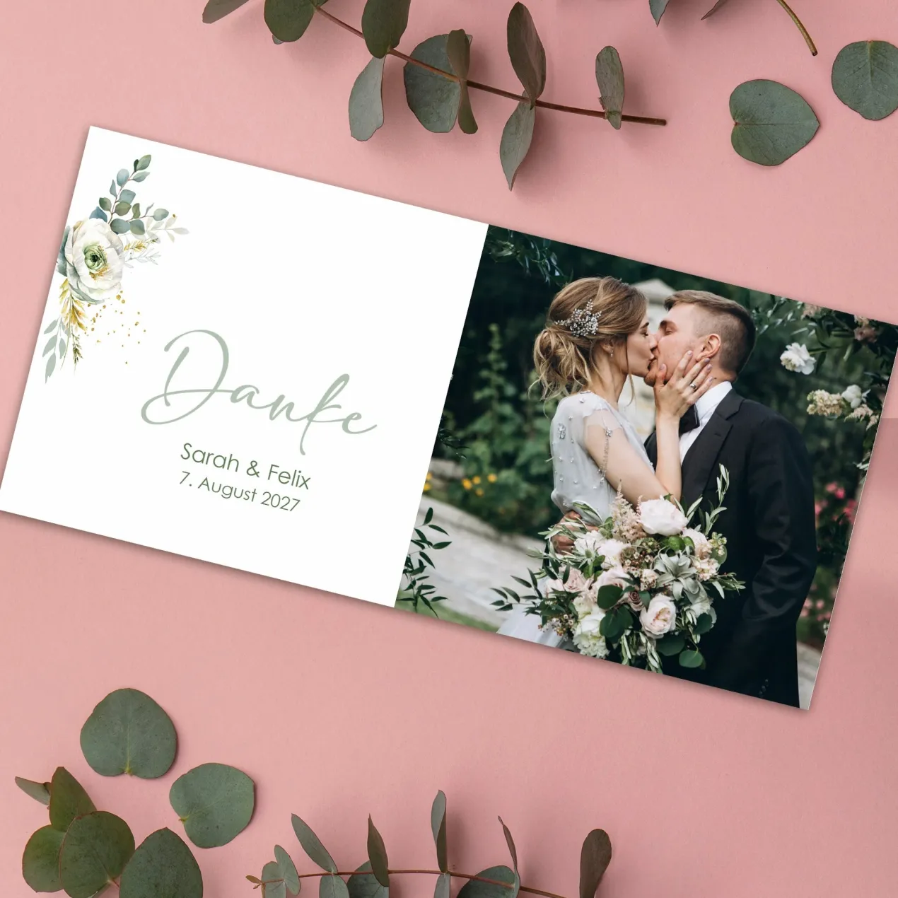 Personalisierte Dankeskarte zur Hochzeit mit Foto & Wunschtext | Blumenmotive DIN lang mit Umschlag
