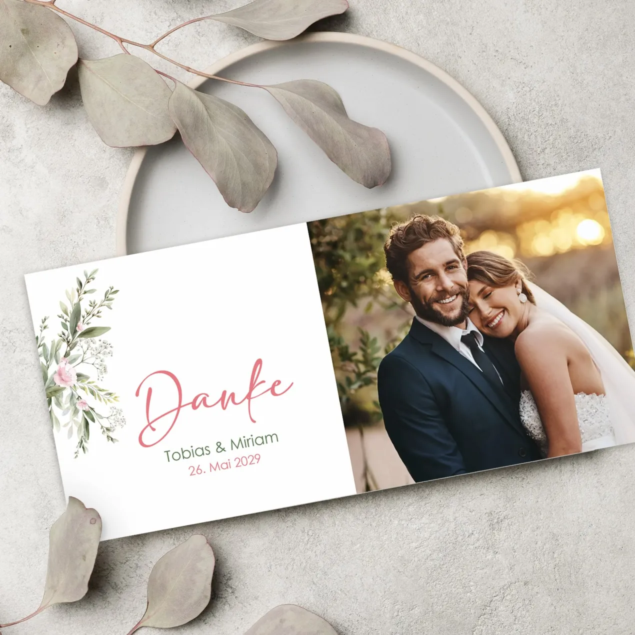 Personalisierte Dankeskarte zur Hochzeit mit Foto & Wunschtext | Blumenmotive DIN lang mit Umschlag