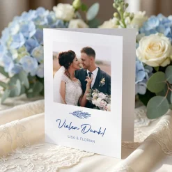 Personalisierte Dankeskarte zur Hochzeit als Klappkarte mit Fotos & mediterranem Motiv | Danksagung