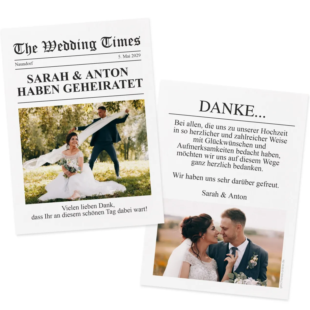 Personalisierte Danksagung zur Hochzeit im Zeitungsstil mit Foto & Wunschtext | Wedding Times Karte