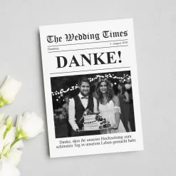 Personalisierte Danksagung zur Hochzeit im Zeitungsstil mit Foto & Wunschtext | Wedding Times Karte
