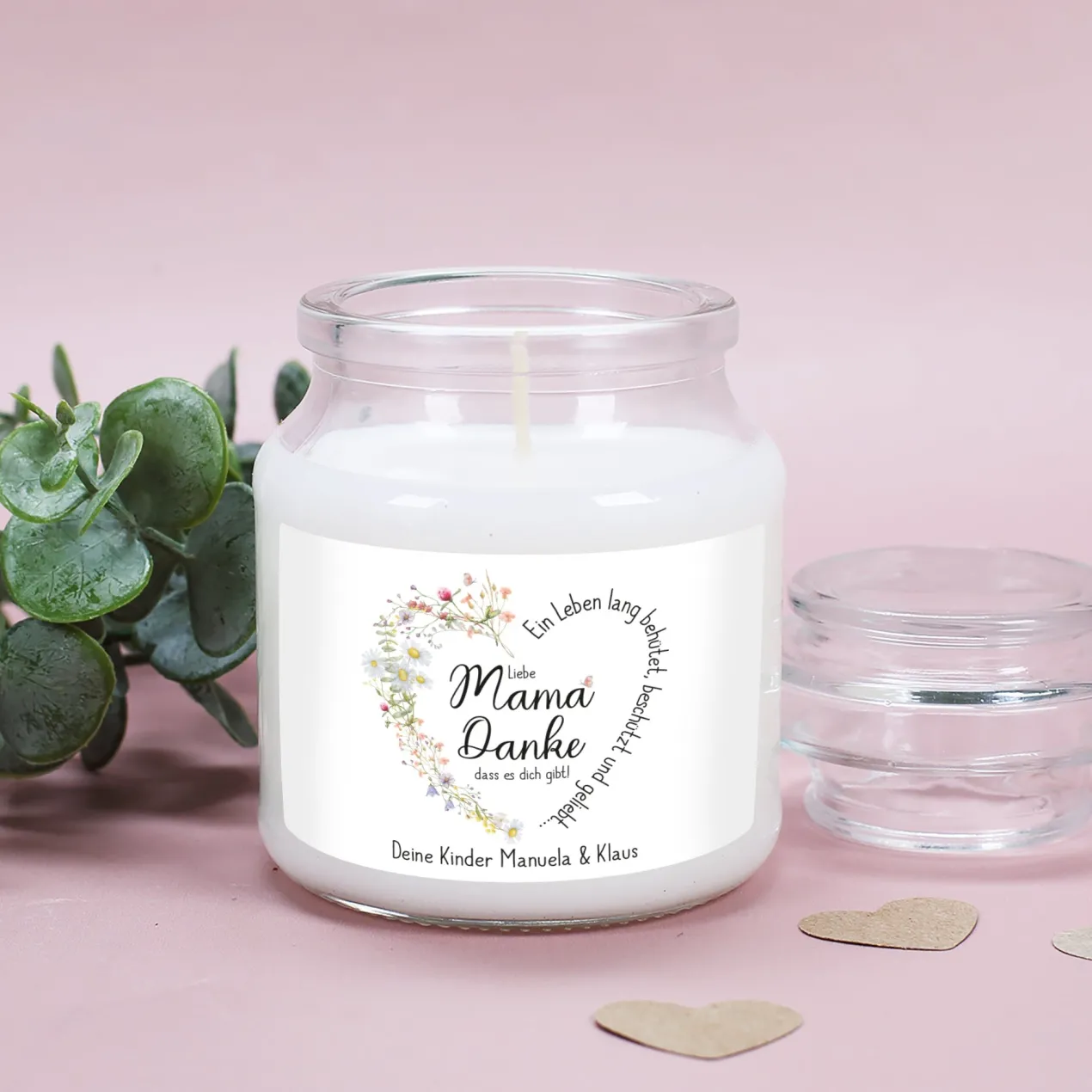 Personalisierte Duftkerze für Mama zum Muttertag o. Geburtstag | Wiesenblumen Herz