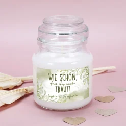 Personalisierte Duftkerze zur Hochzeit mit Wunschtext - Wie schön, dass ihr euch traut!