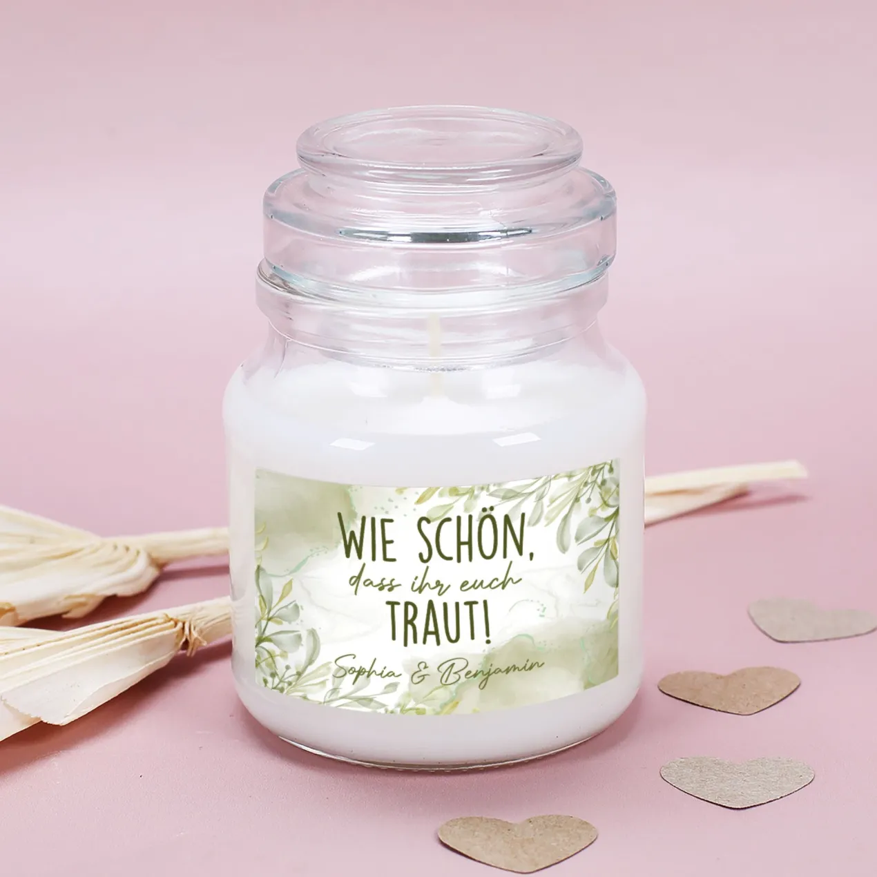 Personalisierte Duftkerze zur Hochzeit mit Wunschtext - Wie schön, dass ihr euch traut!