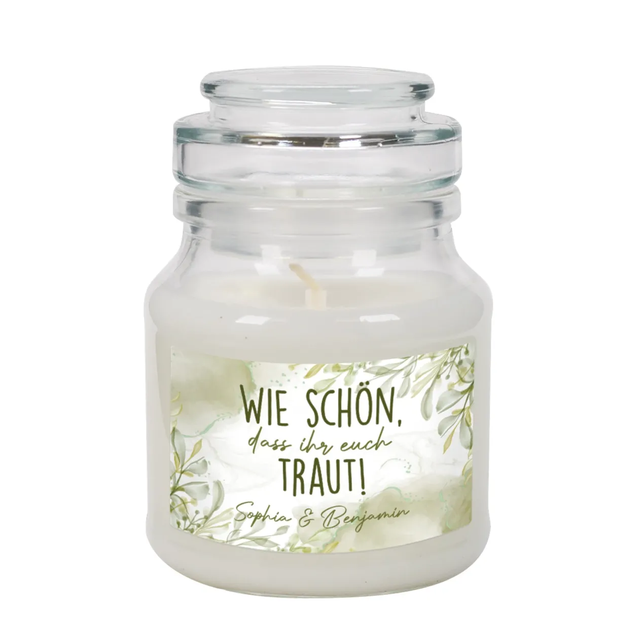Personalisierte Duftkerze zur Hochzeit mit Wunschtext - Wie schön, dass ihr euch traut!