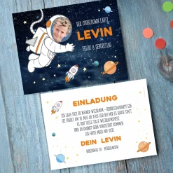 Personalisierte Einladungskarte zum Kindergeburtstag mit Foto und Weltraum-Motiv